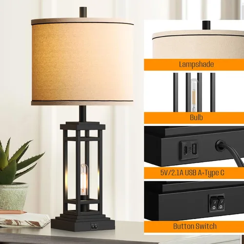 Vista 4 de ROTTOGOON Lámpara de mesa de granja de 27.5 pulgadas de altura con puertos de carga USB C + USB A, lámpara rústica para sala de estar, lámpara