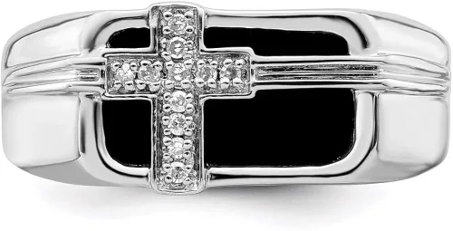 Vista 4 de Anillo de cruz de ónix negro con diamantes de plata de ley para hombre