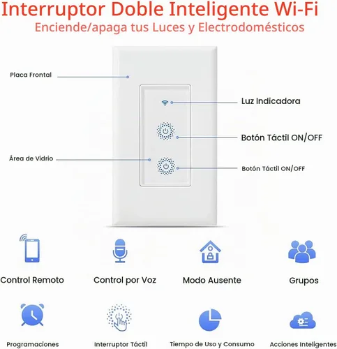 Vista 8 de Nexete Smart Wi-Fi - Interruptor de doble luz, interruptor de un solo polo 2 en 1 compatible con Alexa Google Home, control de voz, función
