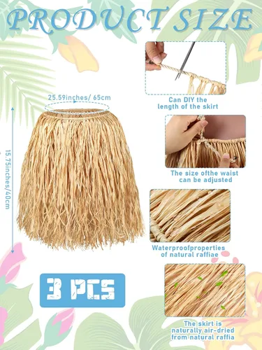 Vista 2 de Liliful Minifalda de rafia natural para niños, falda larga de hula hawaiana, falda de playa para disfraz de Halloween, fiesta de Luau