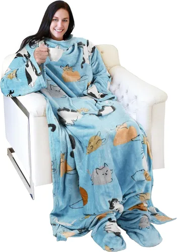 Vista 24 de Catalonia - Manta de vestir de vellón con mangas y compartimientos para los pies, para mujeres y hombres, manta de microfelpa cómoda y envolvente