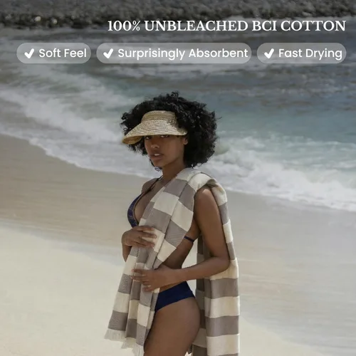 Vista 3 de Toalla de playa turca ligera, 100% algodón BCI, flecos crudos sin blanquear, certificado Oeko-TEX, absorbente, respetuosa con el medio ambiente, 36