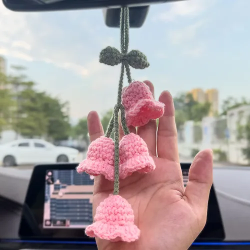 Vista 7 de Accesorios para colgar espejos de automóvil, colgante de flor de lirio tejido hecho a mano, bonita decoración colgante de ganchillo para espejo