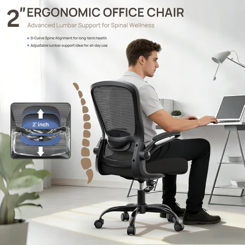 Vista 4 de Silla de oficina ergonómica con lumbar ajustable, reposabrazos abatible Marco negro