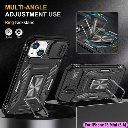 Vista 5 de Funda resistente para Apple iPhone 13 Mini, protección híbrida de goma de doble capa de grado militar con protector de cámara deslizante, soporte
