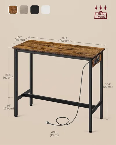 Vista 3 de VASAGLE ULBT101K01 - Mesa de bar, mesa estrecha y larga de cocina y comedor con estación de carga, marco de metal resistente, diseño industrial