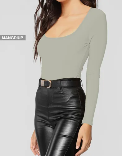 Vista 73 de MANGDIUP Body esencial para mujer, cuello redondo, manga larga, ajustado, elástico, de algodón y elastano