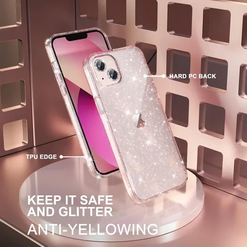 Vista 7 de Choiche Compatible con iPhone 13, funda para mujer con purpurina brillante, 2 protectores de lente de cámara con diamantes, funda protectora a