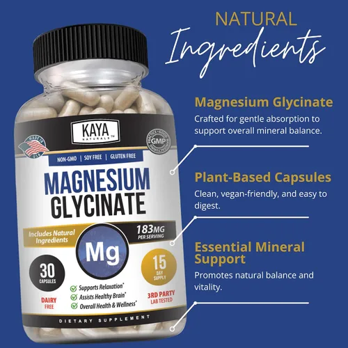 Vista 5 de Kaya Naturals Glicinato de magnesio 183 mg por cápsula, quelado para una máxima absorción, sin OMG, sin gluten, lácteos y soja, apoya la salud