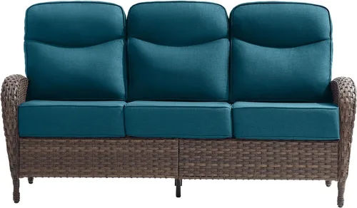 Vista 15 de Sofá de lujo para patio, sofá de mimbre para exteriores con cojines sonrientes de 6 pulgadas, respaldo alto, resistente, cómodo, mimbre marrón