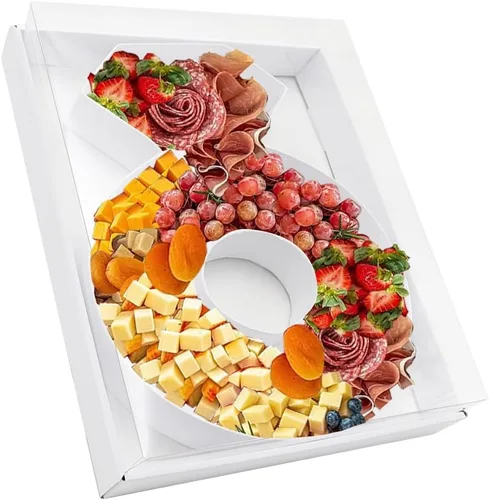 Vista 41 de Bandeja de papel rellenable de 12.5 pulgadas con números y letras de cartón, tablero de charcutería, bandeja para cupcakes dulces, caja decorativa
