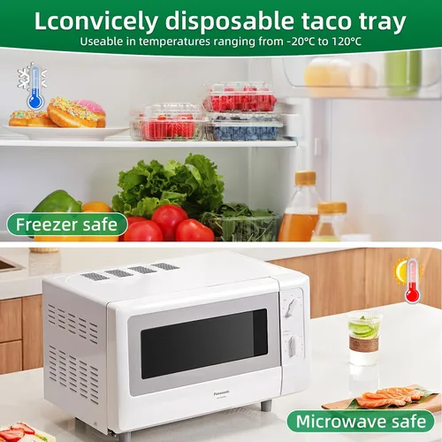 Vista 6 de 25 soportes desechables para tacos para fiestas, platos de taco de fibra de pulpa de bagazo con 3 divisores para reunión, soporte para bandeja