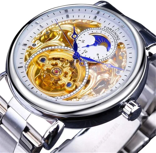 Vista 5 de ShanniRuo Reloj analógico automático para hombre, esqueleto de moda, Tourbillon, impermeable, fase lunar, reloj mecánico