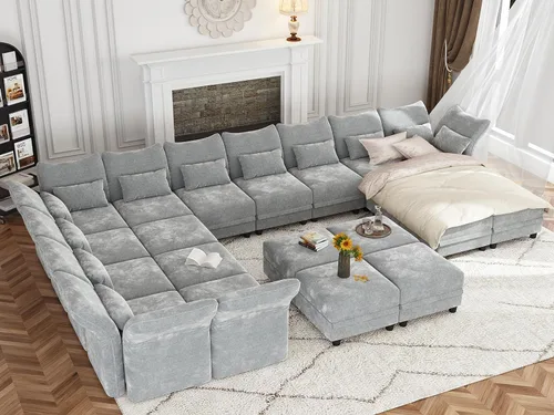 Vista 11 de LLappuil Sofá modular de 14 plazas con almacenamiento, sofás modulares grandes en forma de U para sala de estar con respaldos de brazos ajustables