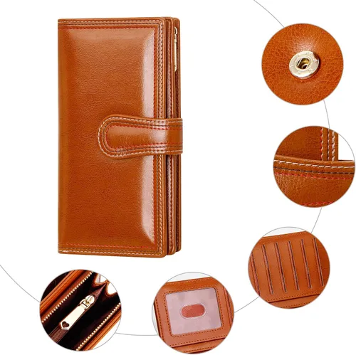 Vista 6 de VOCUS Cartera de cuero para mujer, billetera larga plegable de gran capacidad, tarjetero para tarjetas de crédito con cremallera para damas..