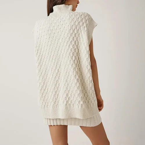 Vista 4 de NUFIWI Conjunto de dos piezas de punto para mujer, sin mangas, cuello alto, sin botones, ajustado, minifalda, conjunto a juego