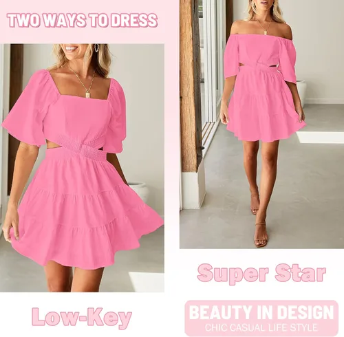 Vista 2 de Senllen Vestidos de verano para mujer 2025 de manga corta con cuello cuadrado, mini vestido cruzado con cintura elástica, vestido casual de fiesta