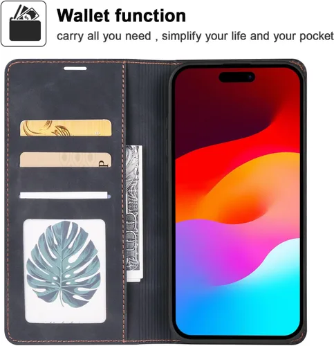 Vista 2 de QLTYPRI Funda tipo cartera para iPhone Air, 3 tarjeteros, color negro Funda de piel sintética de alta calidad, cierre magnético, soporte