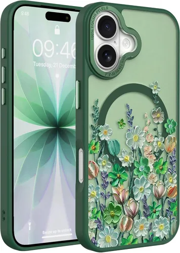 Vista 150 de Magnético para iPhone 13 con protector de pantalla [Compatible con MagSafe] Diseño de patrón floral de flores bonitas, funda delgada a prueba