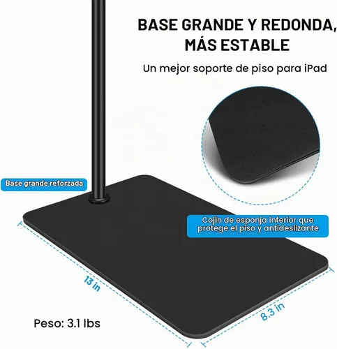 Vista 7 de Soporte de suelo para tableta con base de doble peso, soporte de metal giratorio de 360 grados con soporte flexible de cuello de cisne de brazo