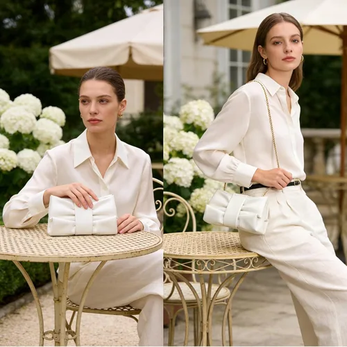 Vista 2 de Elegante bolso de mano con lazo para mujer, suave y plisado, bolsa de noche de poliuretano con cadena desmontable para fiesta de graduación, boda