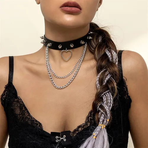 Vista 6 de Collar con colgante para mujer, collar de moda para adolescentes, gargantilla, remaches, amor gótico, corazón suave para mujer, cadena de cuello