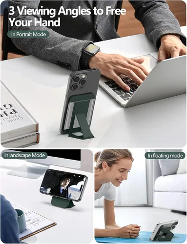 Vista 3 de ExtreLife Tarjetero magnético compatible con MagSafe Wallet Stand para iPhone 17/16/15/14/13/12, compatible con 7 tarjetas, verde y gris Magnetic
