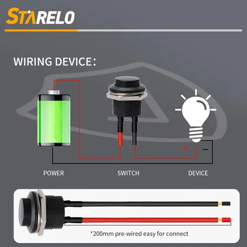 Vista 5 de STARELO 5 piezas de interruptor de botón momentáneo redondo de 16 mm SPST 3A AC250V/6A AC125V 2Pin 1NO con cable presoldado R13-507 (negro).