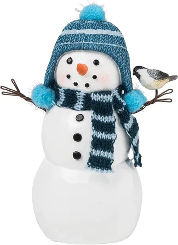 Vista 7 de GALLERIE II Lindo muñeco de nieve con bufanda a cuadros en blanco y negro y carbonero, figura decorativa pequeña de invierno, figura de Navidad