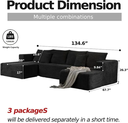 Vista 2 de Sofá modular sin hueso de 134.6 pulgadas para sala de estar, sofá modular de pana en forma de U con diván y almohadas, sofá seccional de 4 asientos