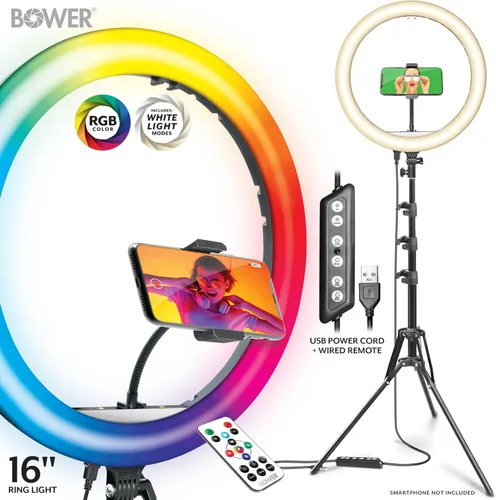 Vista 4 de Bower Anillo de luz con soporte. Luz LED RGB de 16 pulgadas, soporte para teléfono trípode de 62 pulgadas, control remoto inalámbrico, 16 efectos