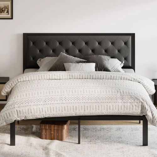 Vista 12 de Allewie Base de cama individual con cabecera tapizada de piel sintética, diseño elegante con costuras de diamante, no necesita somier, color negro