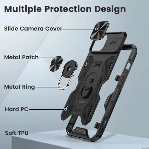 Vista 7 de Caka - Funda para iPhone 14 Plus con soporte y funda para cámara, color negro 360° Rotated Kickstand, Sliding Camera Lens Cover, Heavy Duty Hard