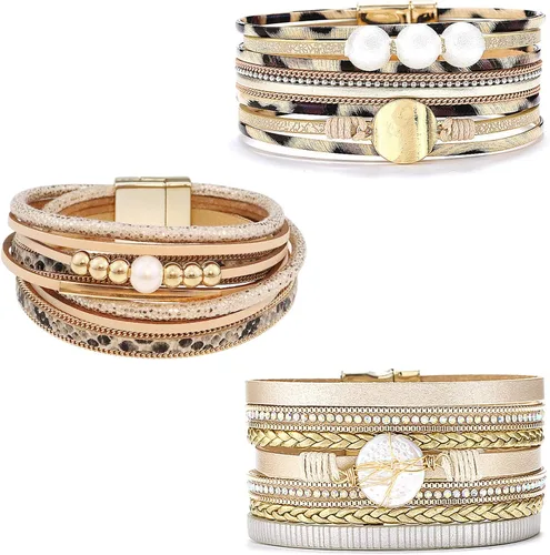 Vista 15 de Wowanoo - Juego de 3 pulseras de cuero de varias capas con cierre magnético para mujer, con cristales, ramas de árbol pulseras para mujer.