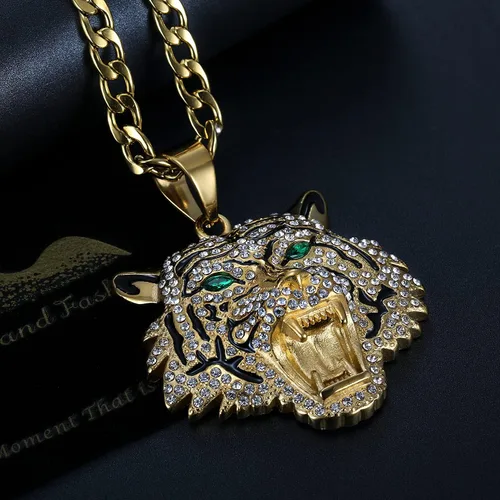 Vista 3 de CJiePeiC CZ Fully Roaring Tiger Head With Green Red Eyes Pendant Punk Rock Stainless Steel Necklace, 24 Inch 7mm Chain For Men Hip Hop Animal
