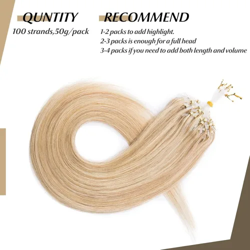 Vista 291 de SEGO Extensiones de cabello humano con micro cuentas, extensiones de cabello humano con micro bucle, lacio, natural, fusión fría, 1.76 oz/paquete