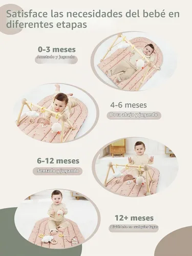 Vista 4 de Tapete de madera 4 en 1 para gimnasio y actividades para bebés, tapete de algodón suave para bebés de 0 años, con 3 juguetes desmontables