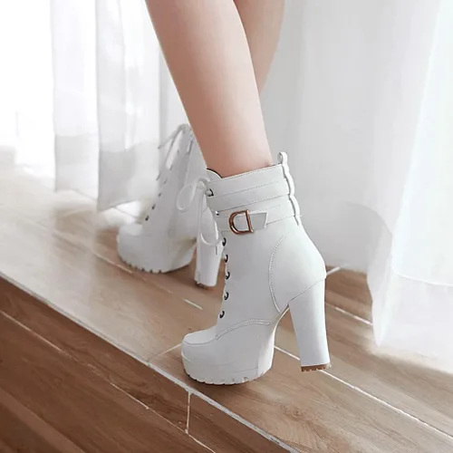 Vista 5 de MIOKE Botines elegantes con plataforma de punta redonda para mujer, con cordones, cierre de cremallera, tacón alto, botines cortos