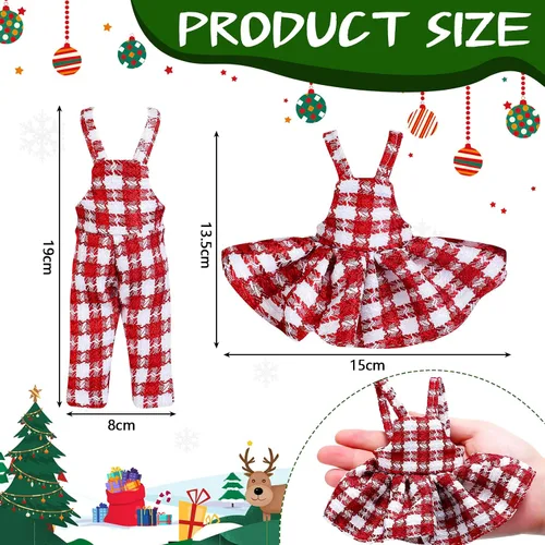 Vista 3 de Hungdao 4 piezas de ropa de muñeca de Navidad, accesorios de Navidad, ropa de muñeca, vestido a cuadros rojo y verde, trajes de vacaciones