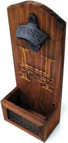 Vista 2 de Abrebotellas de madera de nogal rústico personalizado para montaje en pared con receptor de tapas, padrino de boda, padrino de boda, cumpleaños