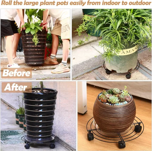 Vista 5 de Paquete de 3 organizadores grandes de metal para plantas con ruedas de 13.8 pulgadas, soporte rodante resistente con ruedas para macetas