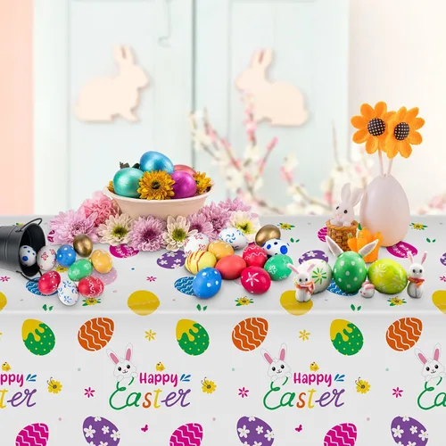 Vista 6 de Mantel de Pascua de 3 piezas, funda de mesa de conejo de Pascua, mantel rectangular de plástico desechable con huevos coloridos para primavera, día