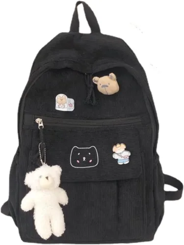 Vista 10 de YUESUO Mochila grande de pana Kawaii con bonito colgante de oso vintage para niña, estudiante, mochila escolar, Beige, Classic
