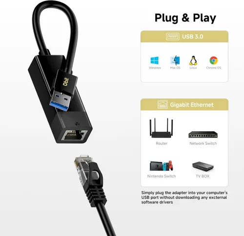 Vista 5 de DBIT Adaptador de red LAN USB 3.0 a Gigabit Ethernet, adaptador de Internet RJ45 compatible con MacBook, PC portátil con Windows, XP, Vista, Mac