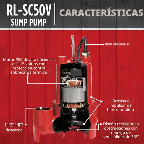 Vista 3 de Red Lion RL-SC50V 14942747 Bomba de sumidero de hierro fundido de 115 voltios, 1/2 HP, 4300 GPH con interruptor vertical, cable de 10 pies, rojo