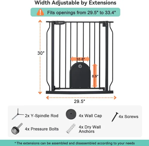 Vista 7 de COMOMY Puerta para mascotas de 29.5-33.4 pulgadas con puerta ajustable para gatos, puerta de metal extra ancha para puertas de escaleras, puerta