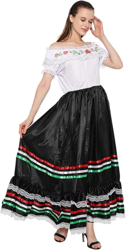 Vista 3 de FantastCostumes Vestido tradicional mexicano para mujer, vestido de encaje con flores de Senorita, disfraz de fiesta, vestido español