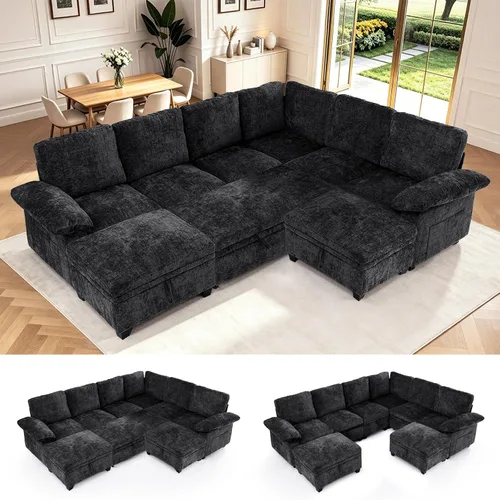 Vista 18 de Sofá cama modular modular con cama extraíble, sofá modular de 5 asientos en forma de L con almacenamiento, sofá nube, sofás seccionales convertibles