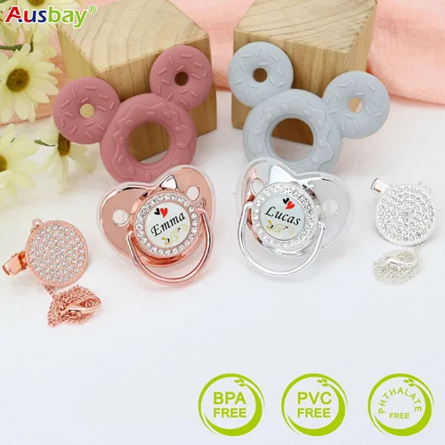 Vista 4 de Juego de chupete personalizado y clip para chupete con nombre, chupete personalizado, nombre y cadena personalizados, juguetes mordedores de Dorado