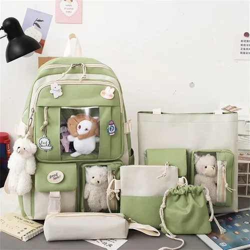 Vista 2 de Kawaii Juego de 5 mochilas kawaii con insignia y colgante de felpa bolsa de hombro caja de lápices bolsa de mano bolsa pequeña Arroz Verde